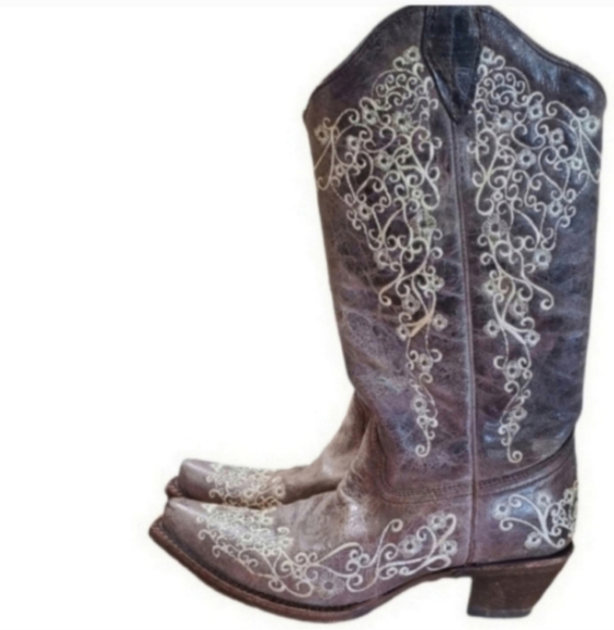 Corral Vintage Taupe Leather Embroidered Stitch Brown Floral Cowgirl Boot 7.5 - Picture 7 of 11